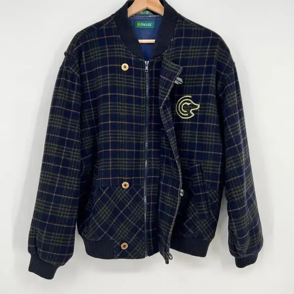 Vintage Collie Italian Lambs Wool Varsity Bomber Jacket Mens XL Navy Blue Plaid - Picture 2 of 11